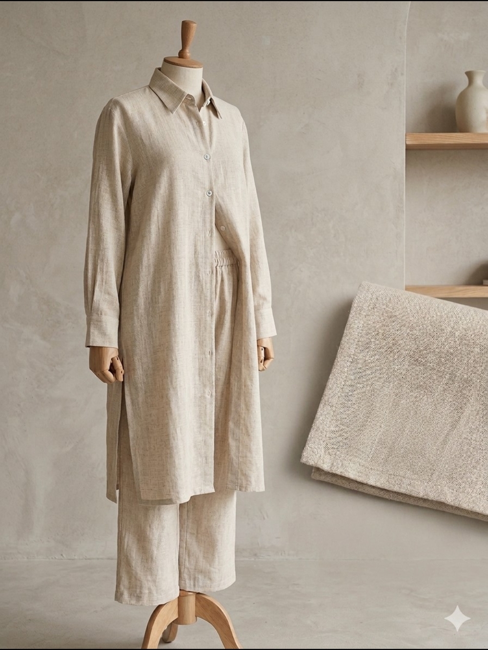 Source Unknown Beige Linen Shirt Dress & Wide-Leg Pants Set